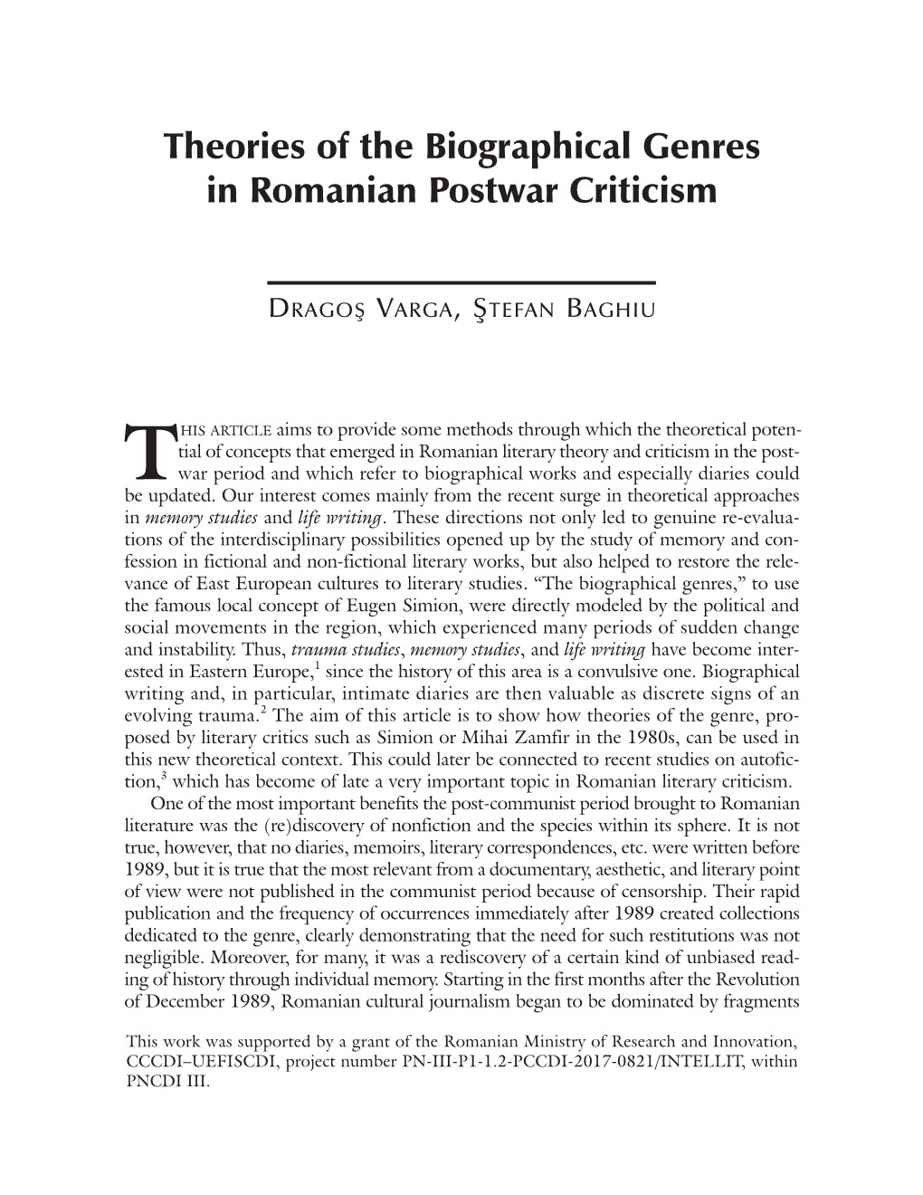 Theories of the Biographical Genres in Romanian Postwar Criticism