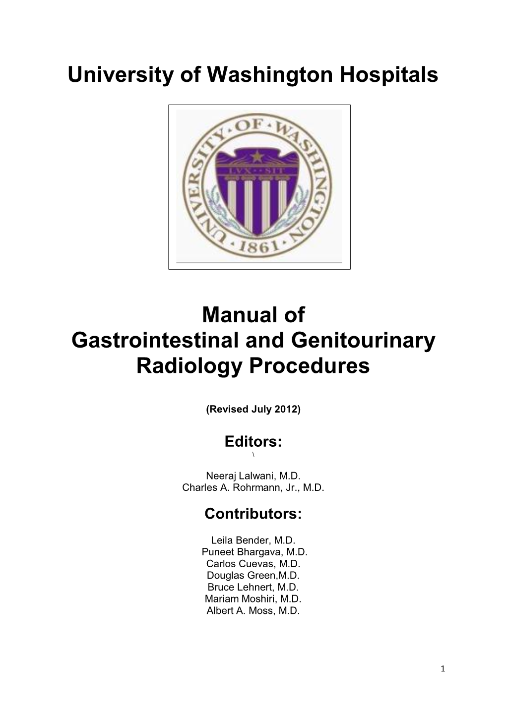 University of Washington Hospitals Manual of Gastrointestinal And