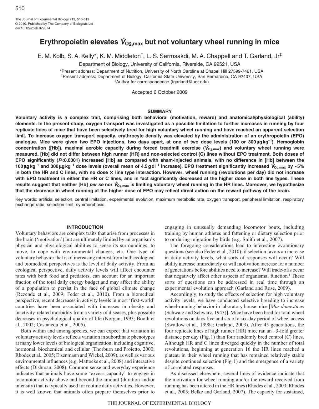 Erythropoietin Elevates VO2,Max but Not Voluntary Wheel Running in Mice