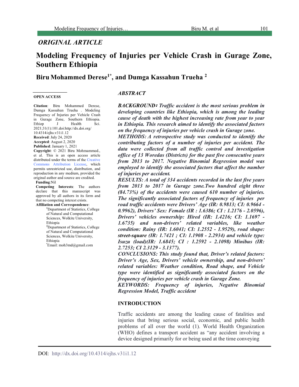 Modeling Frequency of Injuries Per Vehicle Crash in Gurage Zone, Southern Ethiopia