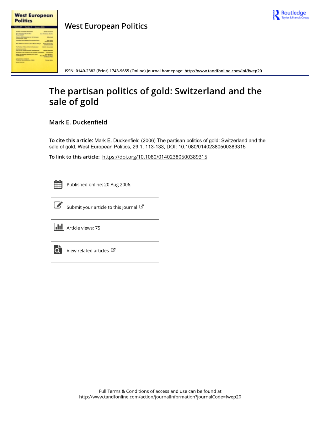 The Partisan Politics of Gold: Switzerland and the Sale of Gold