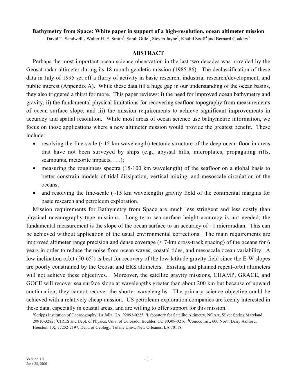 Bathymetry from Space: White Paper in Support of a High-Resolution, Ocean Altimeter Mission David T