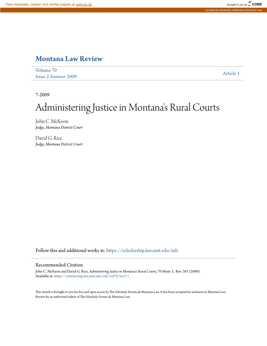 Administering Justice in Montana's Rural Courts John C