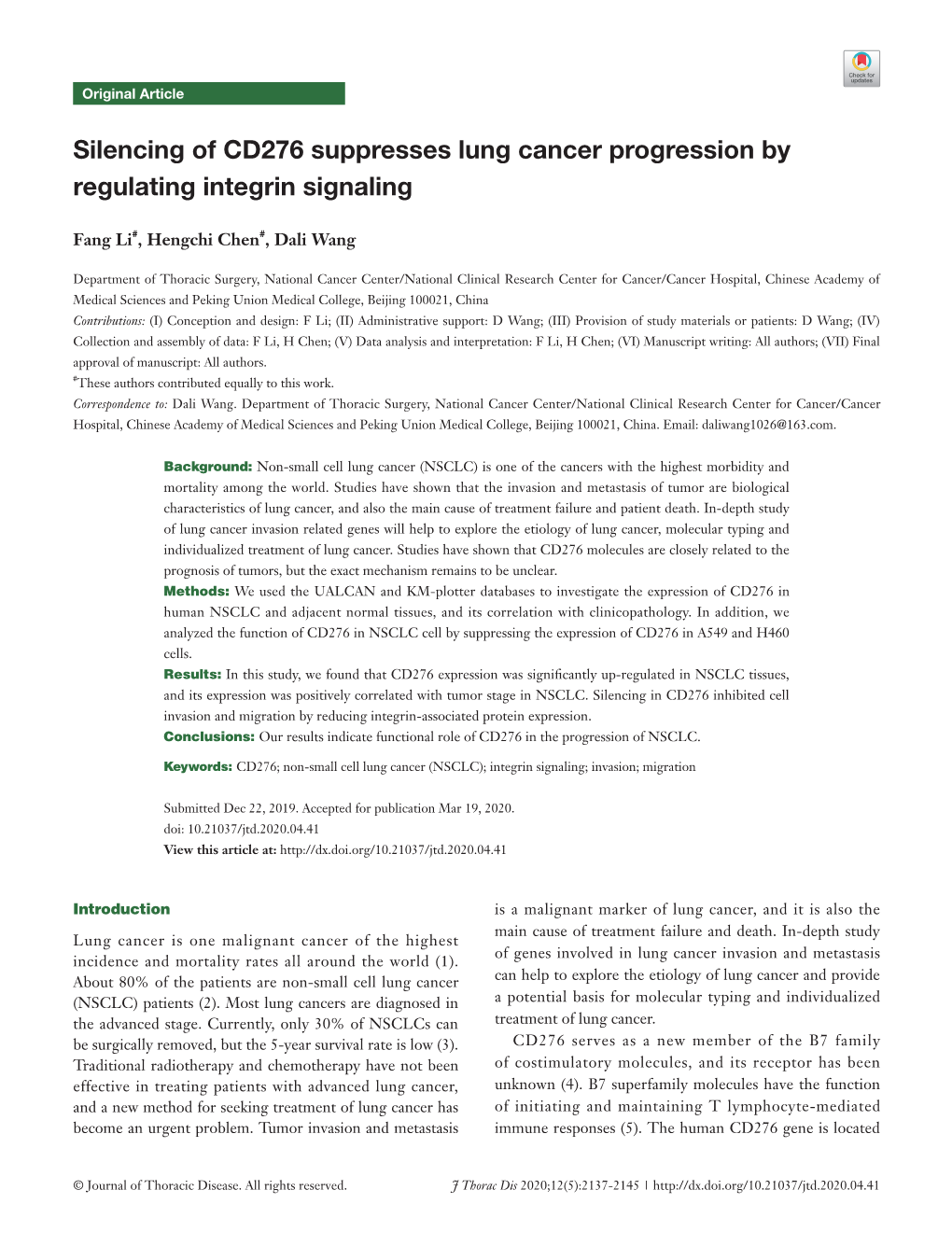 Silencing of CD276 Suppresses Lung Cancer Progression by Regulating Integrin Signaling