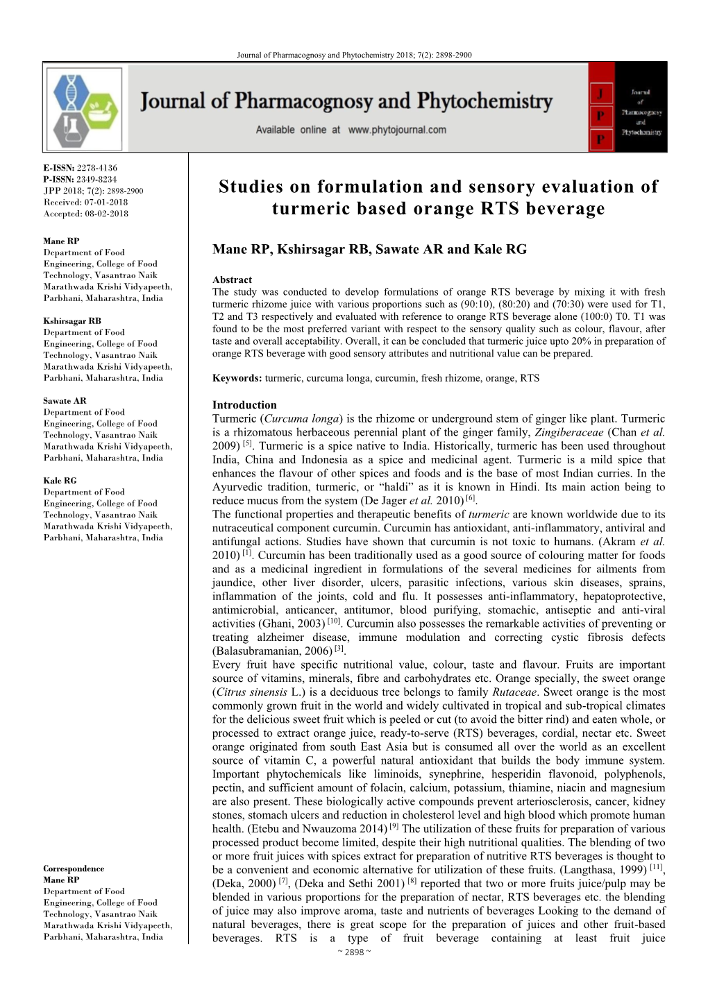 Studies on Formulation and Sensory Evaluation of Turmeric Based Orange RTS Beverage