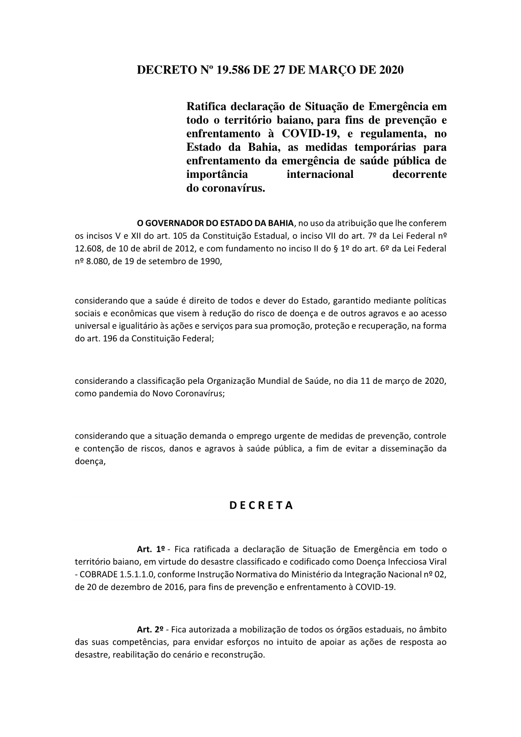 Decreto Nº 19.586 De 27 De Março De 2020 D E C R E