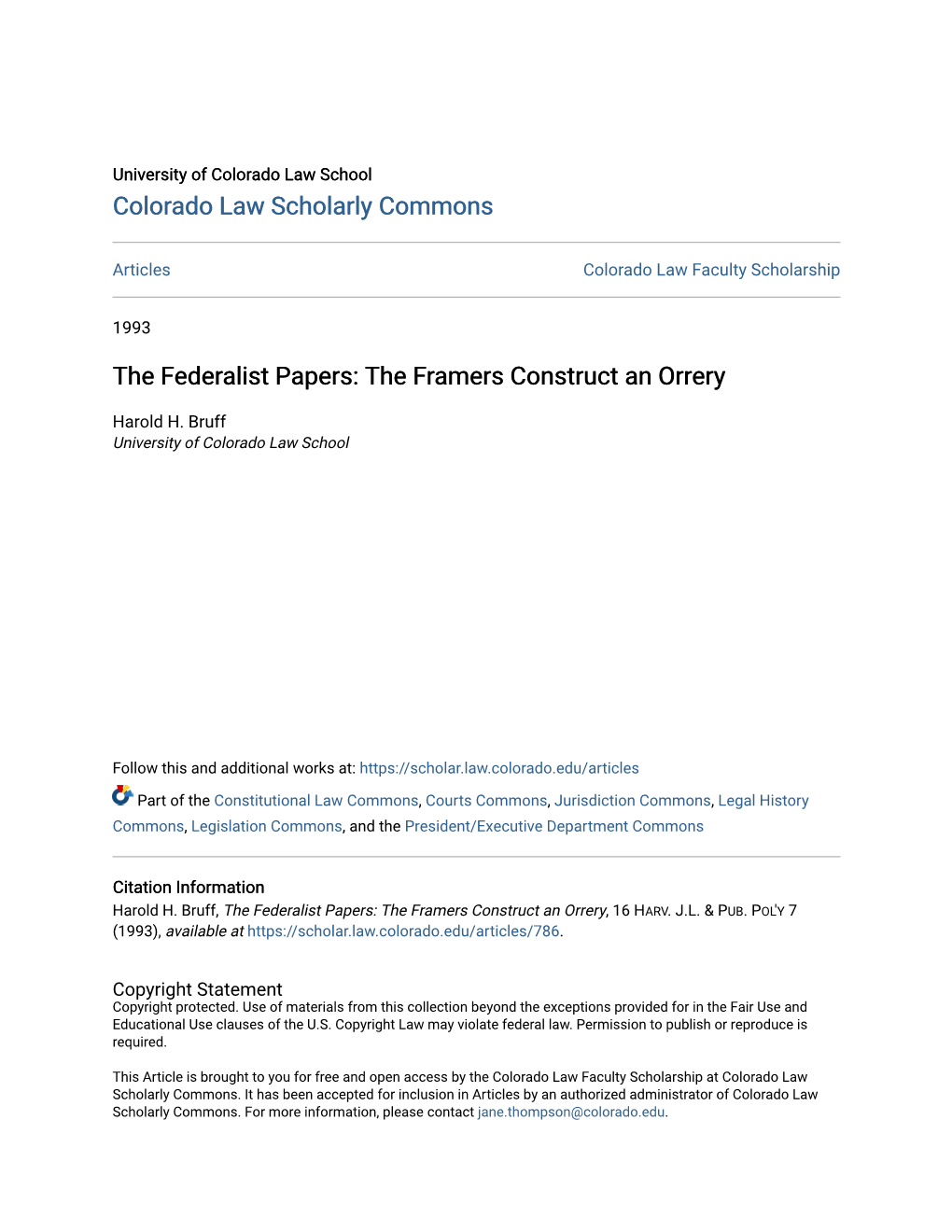 The Federalist Papers: the Framers Construct an Orrery