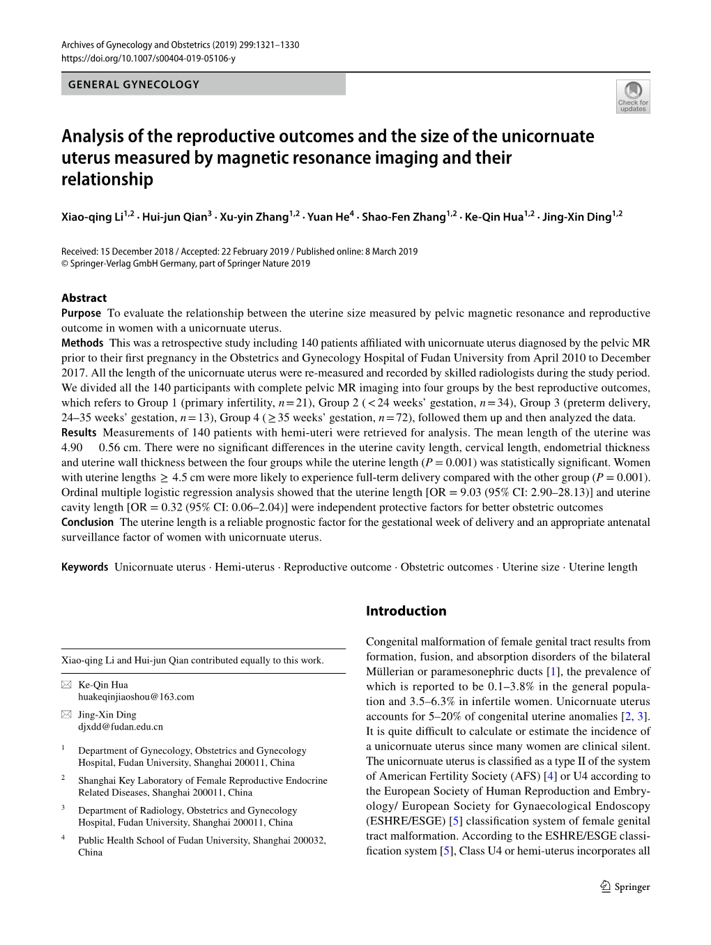 Analysis of the Reproductive Outcomes and the Size of the Unicornuate Uterus Measured by Magnetic Resonance Imaging and Their Relationship