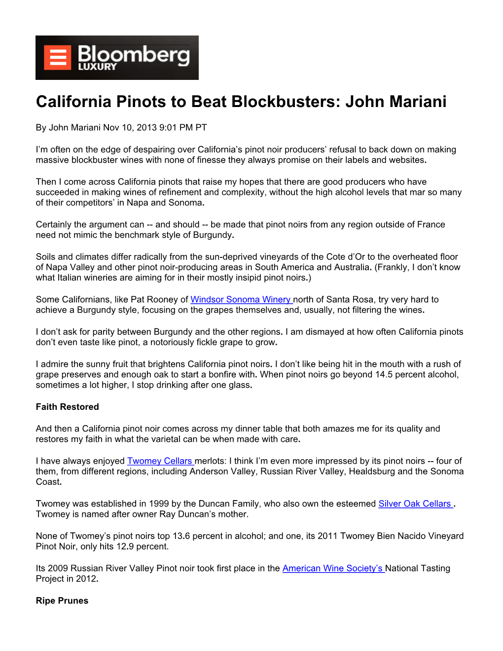 California Pinots to Beat Blockbusters: John Mariani