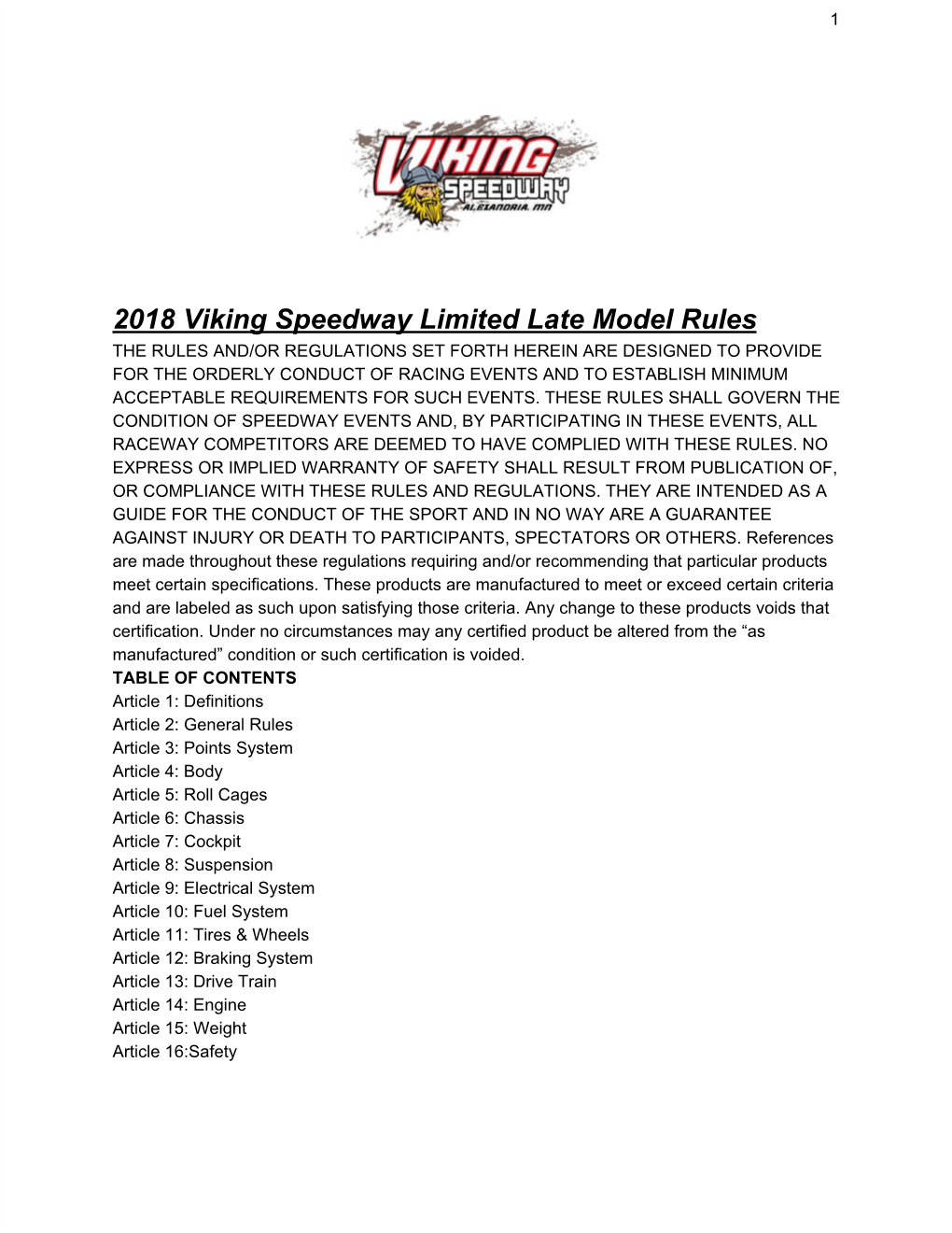 2018 Viking Speedway Limited Late Model Rules