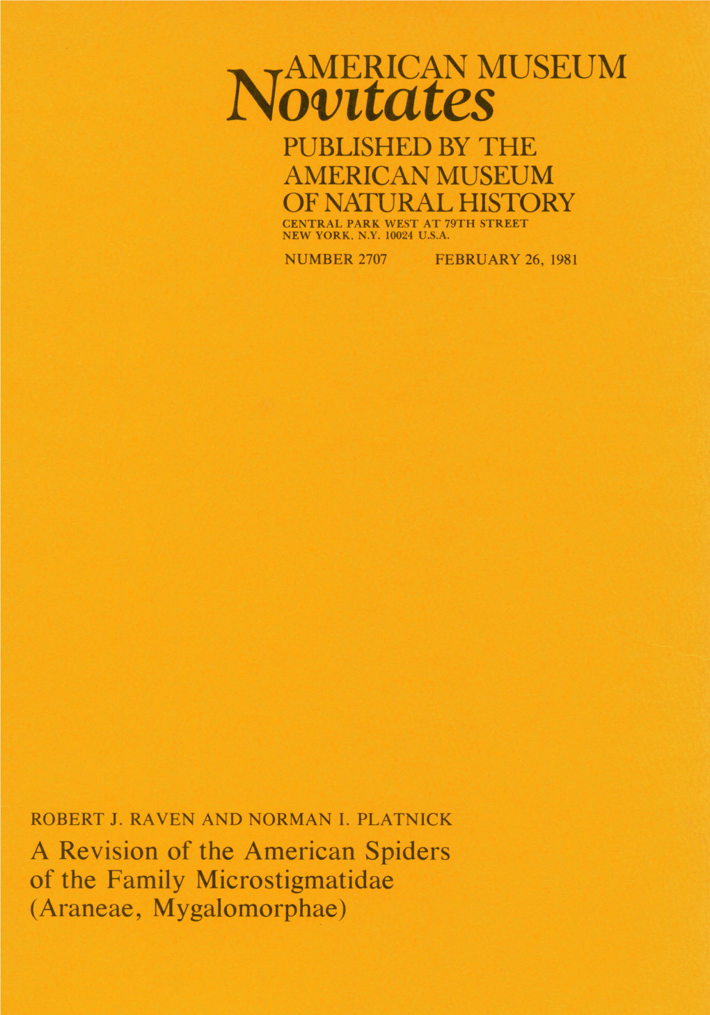 Novttatesamerican MUSEUM PUBLISHED by the AMERICAN MUSEUM of NATURAL HISTORY CENTRAL PARK WEST at 79TH STREET NEW YORK