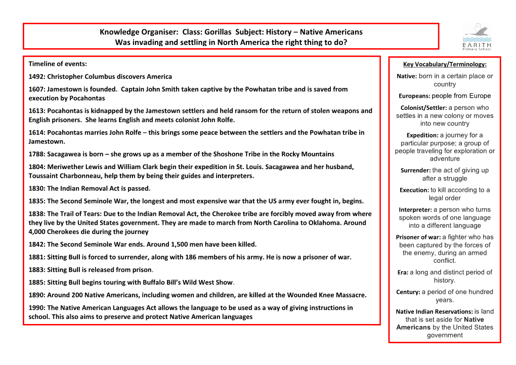 Knowledge Organiser: Class: Gorillas Subject: History – Native Americans Was Invading and Settling in North America the Right Thing to Do?