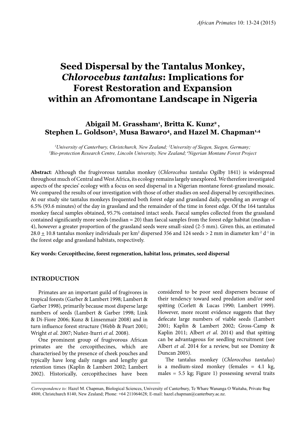 Seed Dispersal by the Tantalus Monkey, Chlorocebus Tantalus: Implications for Forest Restoration and Expansion Within an Afromontane Landscape in Nigeria