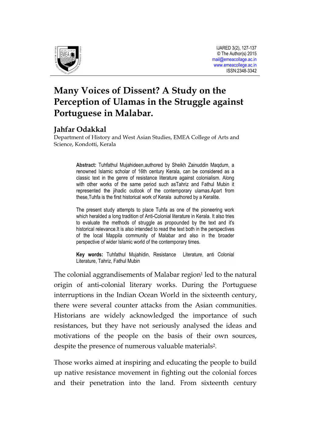 A Study on the Perception of Ulamas in the Struggle Against Portuguese in Malabar
