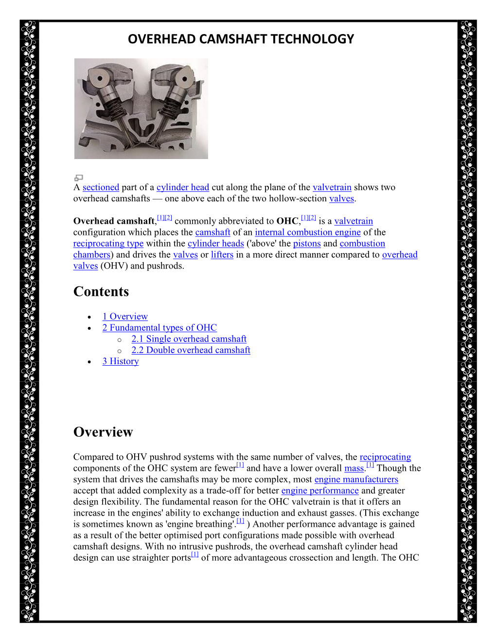 OVERHEAD CAMSHAFT TECHNOLOGY Contents Overview