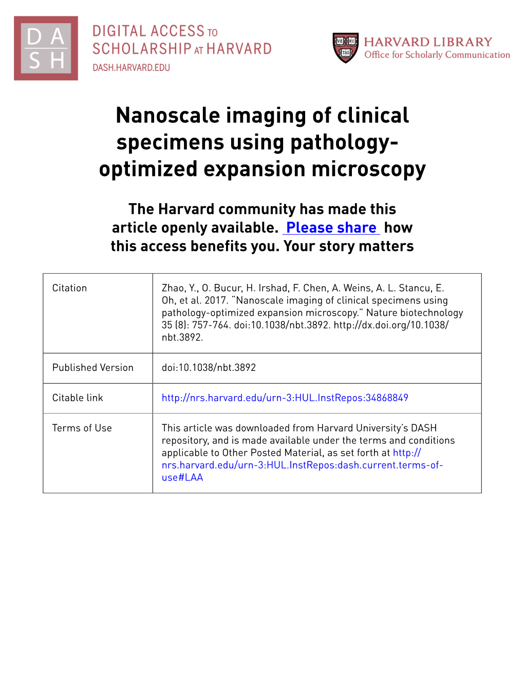 Nanoscale Imaging of Clinical Specimens Using Pathology- Optimized Expansion Microscopy