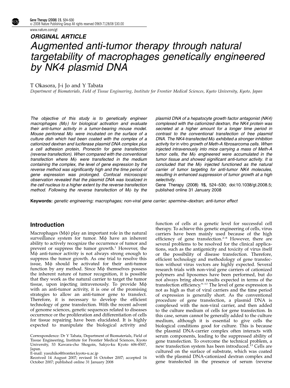 Augmented Anti-Tumor Therapy Through Natural Targetability of Macrophages Genetically Engineered by NK4 Plasmid DNA