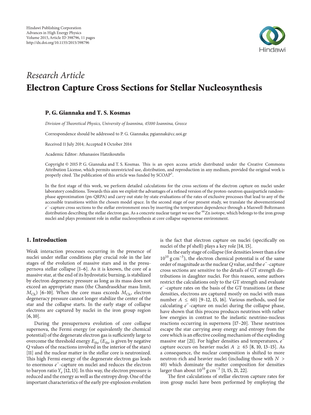 Research Article Electron Capture Cross Sections for Stellar Nucleosynthesis