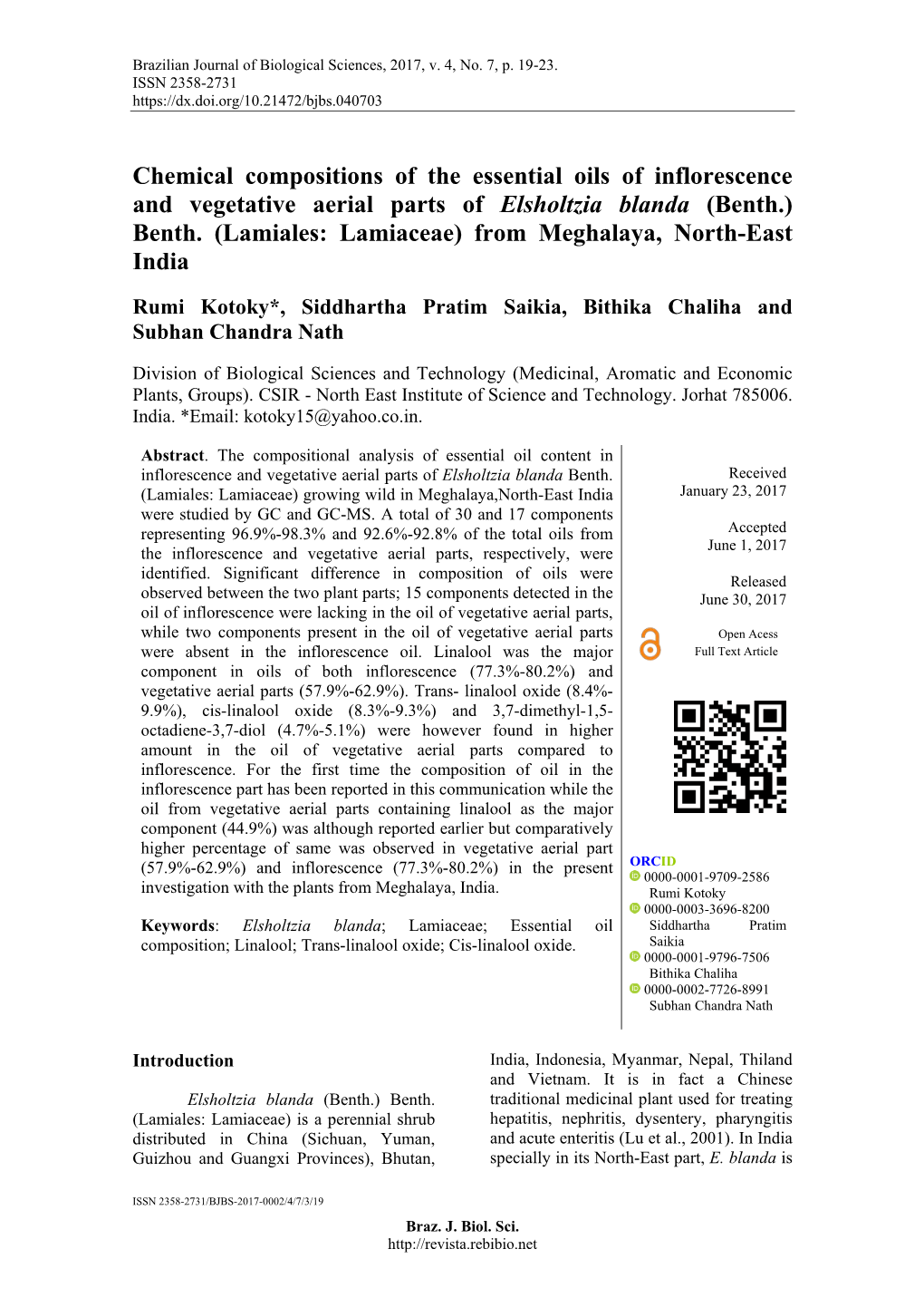 Chemical Compositions of the Essential Oils of Inflorescence and Vegetative Aerial Parts of Elsholtzia Blanda (Benth.) Benth