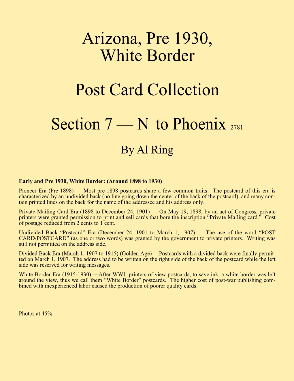 Arizona, Pre 1930, White Border Post Card Collection Section 7 — N To