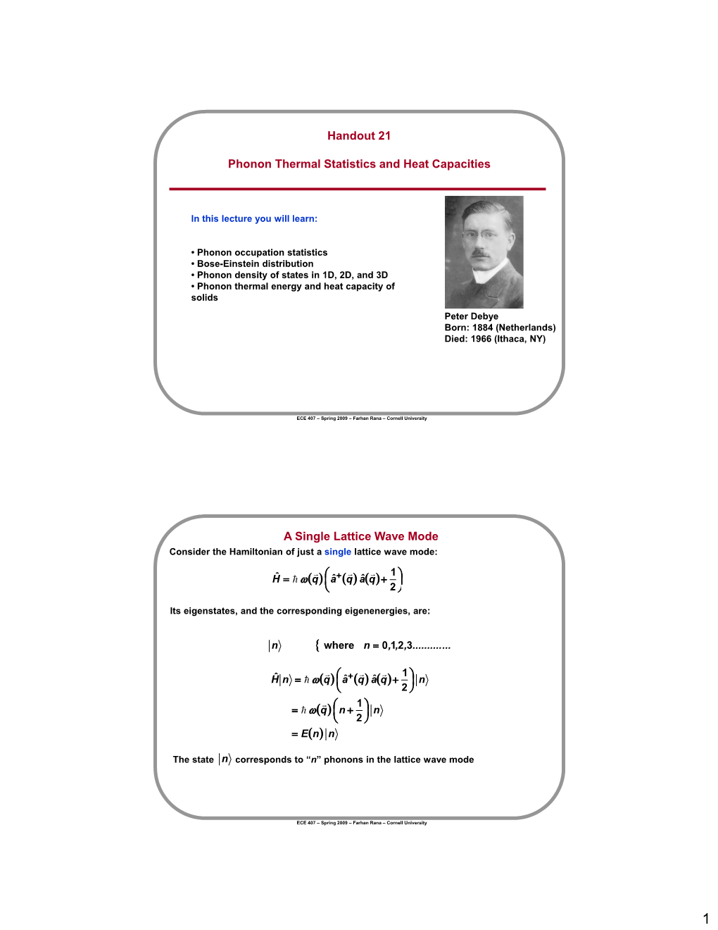 Handout 21 Phonon Thermal Statistics and Heat Capacities