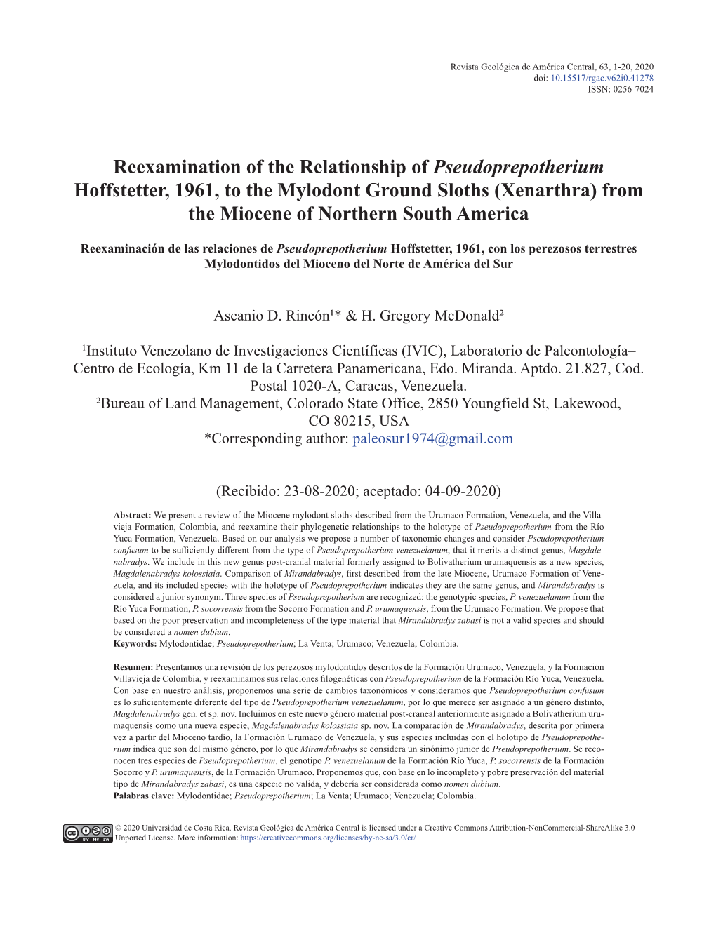 Reexamination of the Relationship of Pseudoprepotherium Hoffstetter, 1961, to the Mylodont Ground Sloths (Xenarthra) from the Miocene of Northern South America