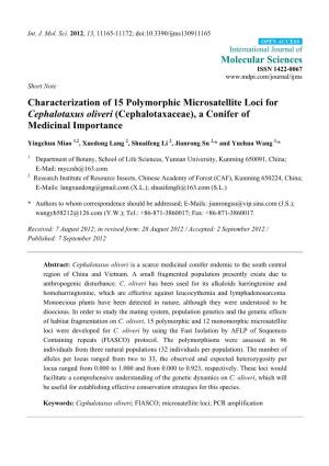 Characterization of 15 Polymorphic Microsatellite Loci for Cephalotaxus Oliveri (Cephalotaxaceae), a Conifer of Medicinal Importance