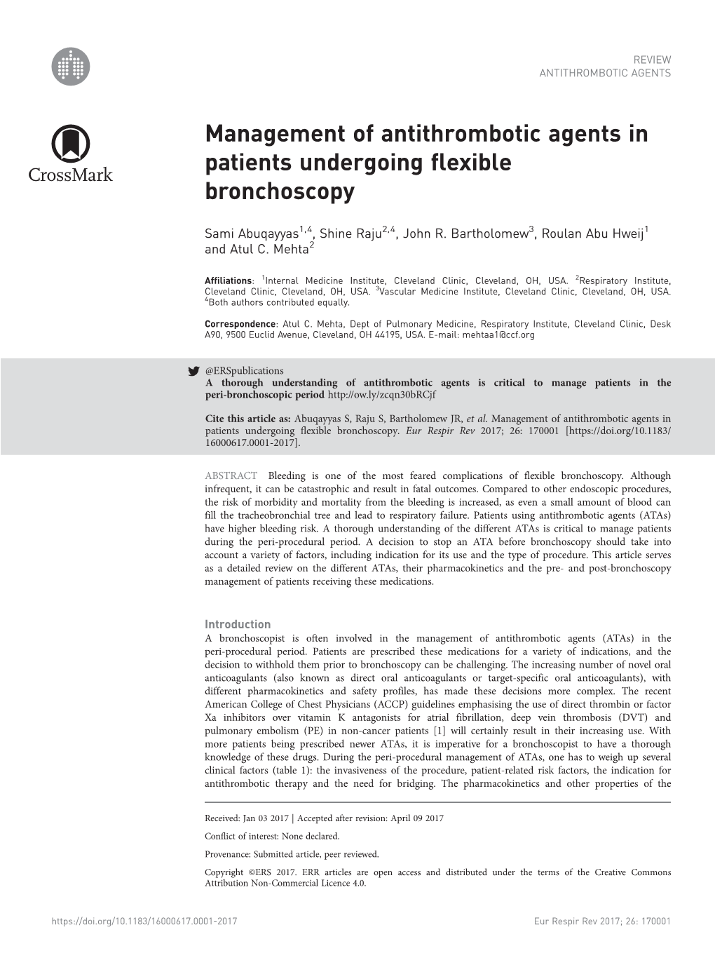 Management of Antithrombotic Agents in Patients Undergoing Flexible Bronchoscopy