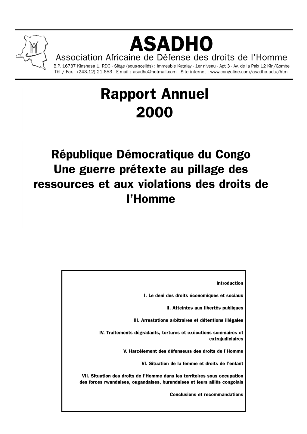 ASADHO Association Africaine De Défense Des Droits De L’Homme B.P