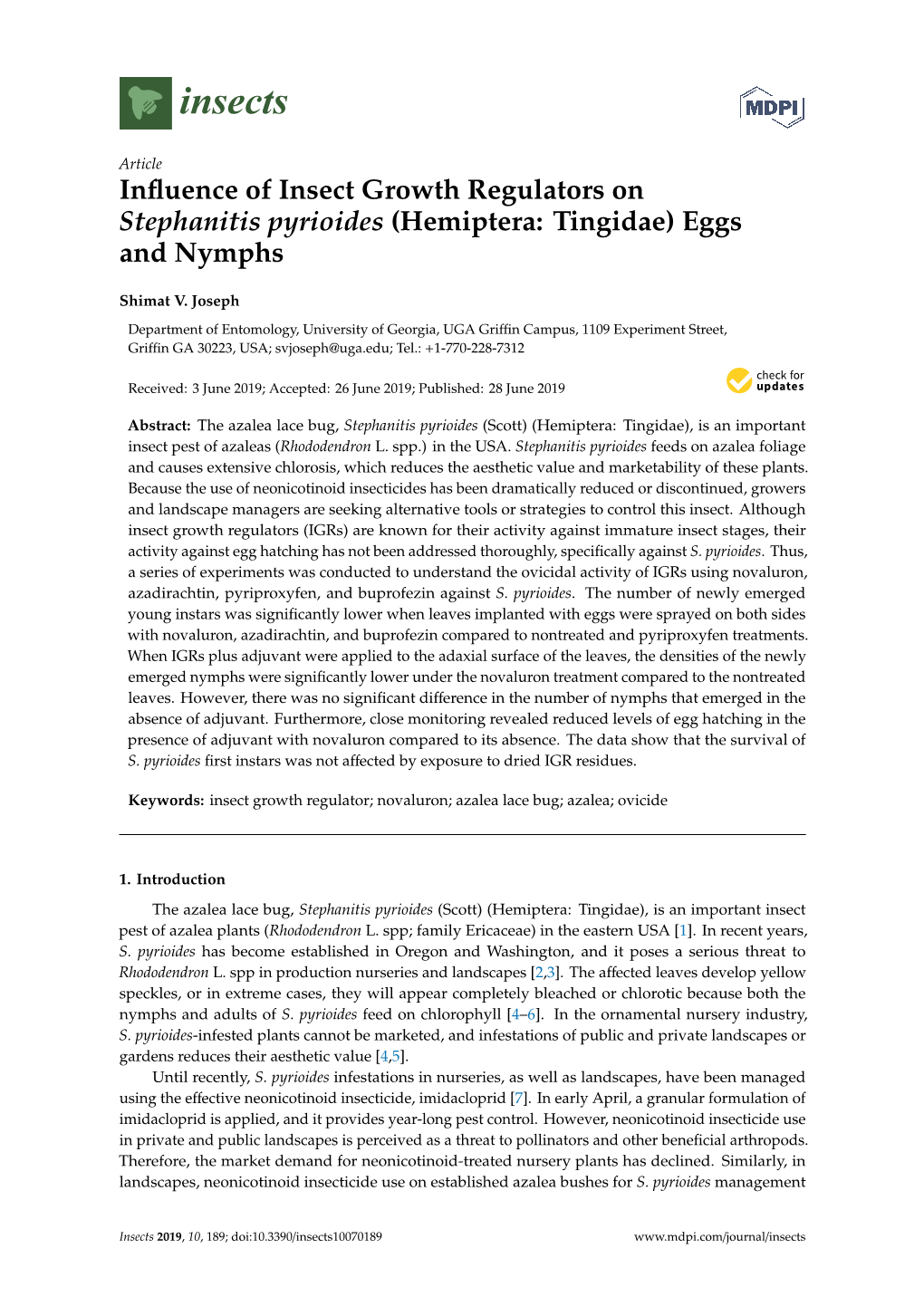 Influence of Insect Growth Regulators on Stephanitis Pyrioides (Hemiptera