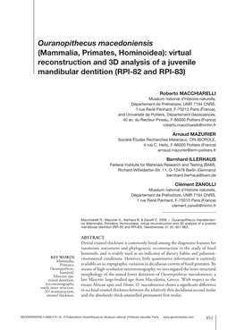 Ouranopithecus Macedoniensis (Mammalia, Primates, Hominoidea): Virtual Reconstruction and 3D Analysis of a Juvenile Mandibular Dentition (Rpl-82 and Rpl-83)