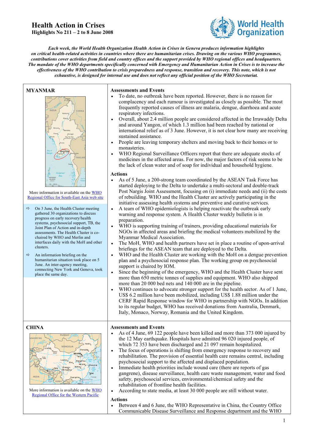 Health Action in Crises Highlights No 211 – 2 to 8 June 2008
