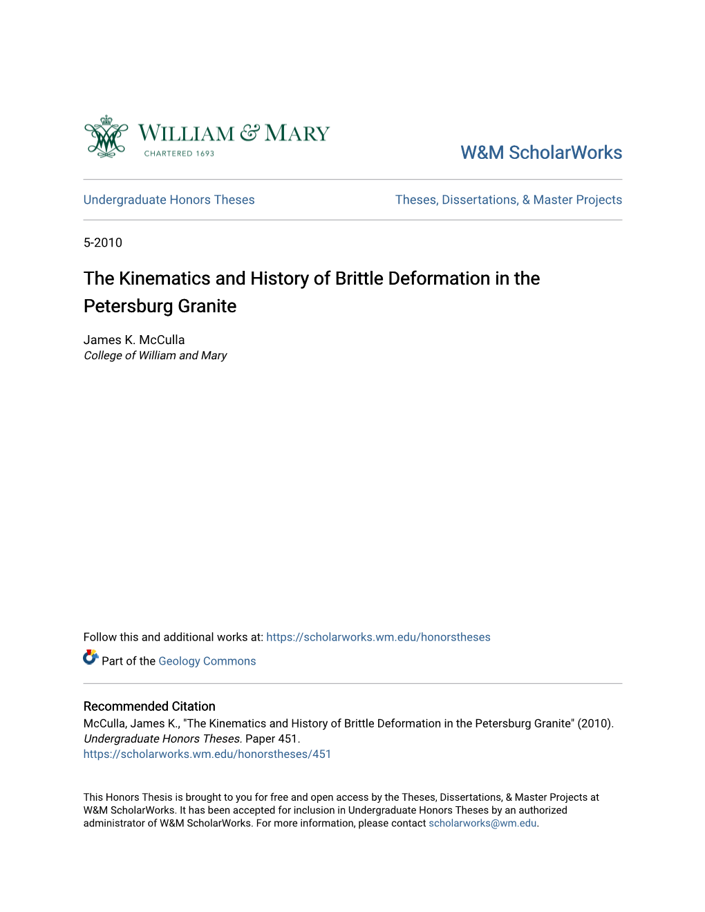 The Kinematics and History of Brittle Deformation in the Petersburg Granite