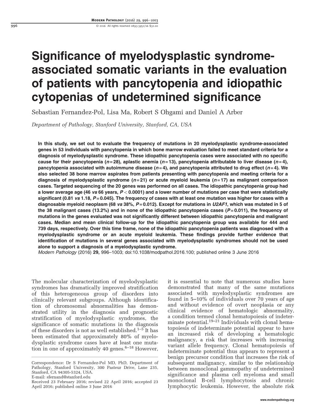 Significance of Myelodysplastic Syndrome-Associated Somatic