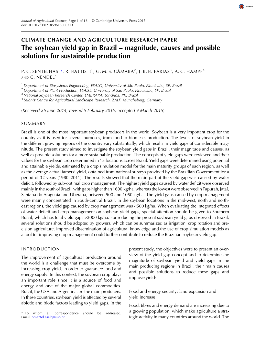 The Soybean Yield Gap in Brazil – Magnitude, Causes and Possible Solutions for Sustainable Production