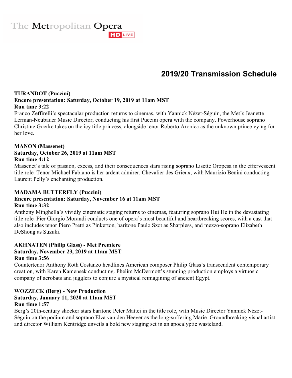 2019-20 Transmission Schedule for Patrons