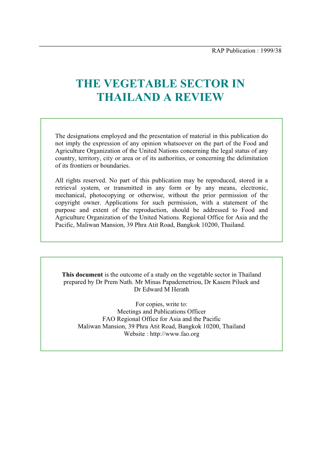 The Vegetable Sector in Thailand a Review