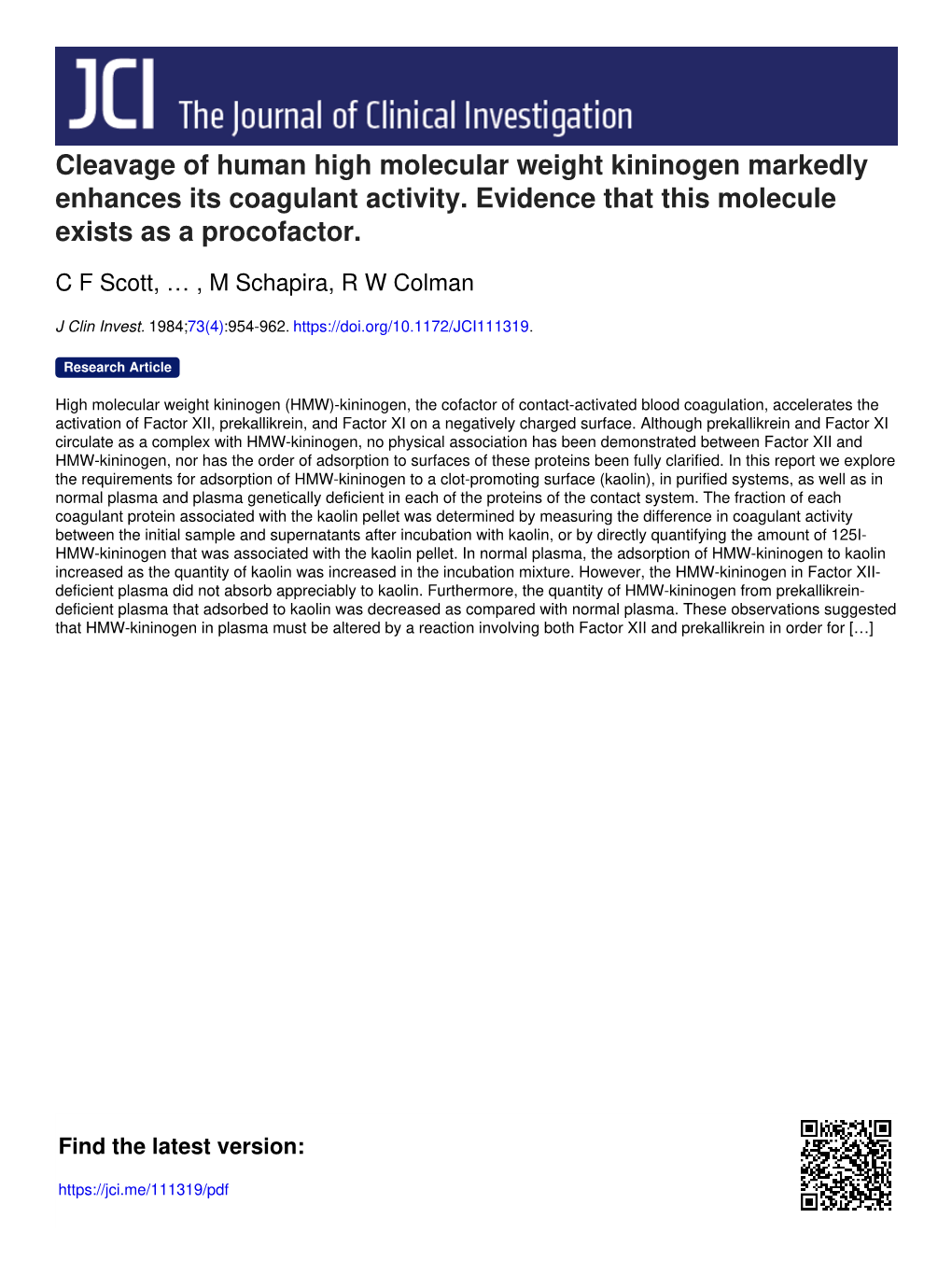 Cleavage of Human High Molecular Weight Kininogen Markedly Enhances Its Coagulant Activity
