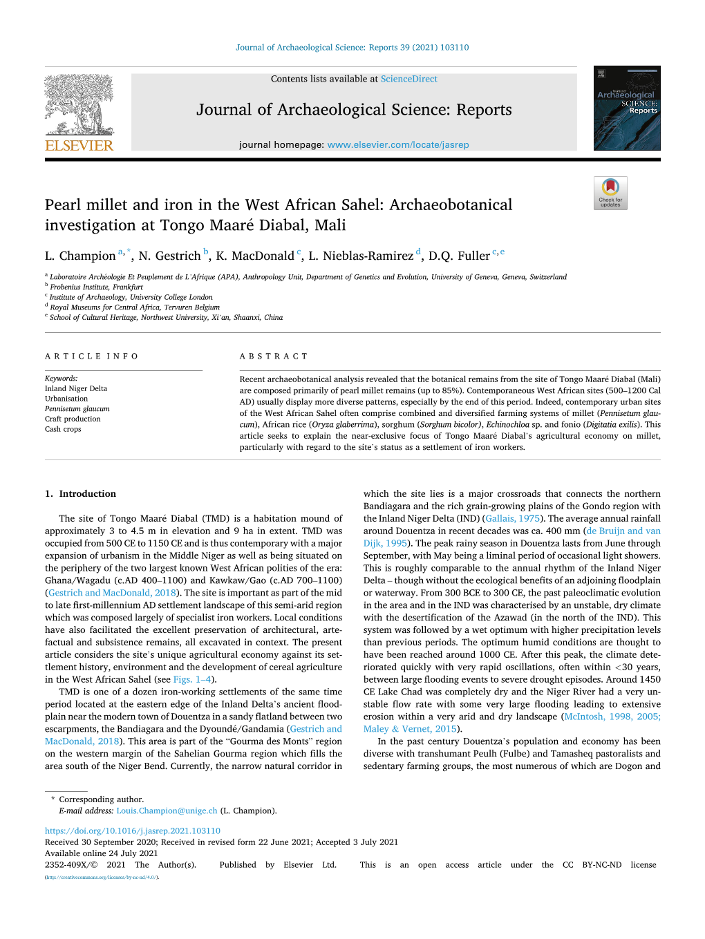 Pearl Millet and Iron in the West African Sahel: Archaeobotanical Investigation at Tongo Maar´E Diabal, Mali