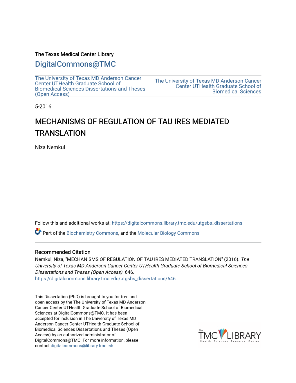 Mechanisms of Regulation of Tau Ires Mediated Translation
