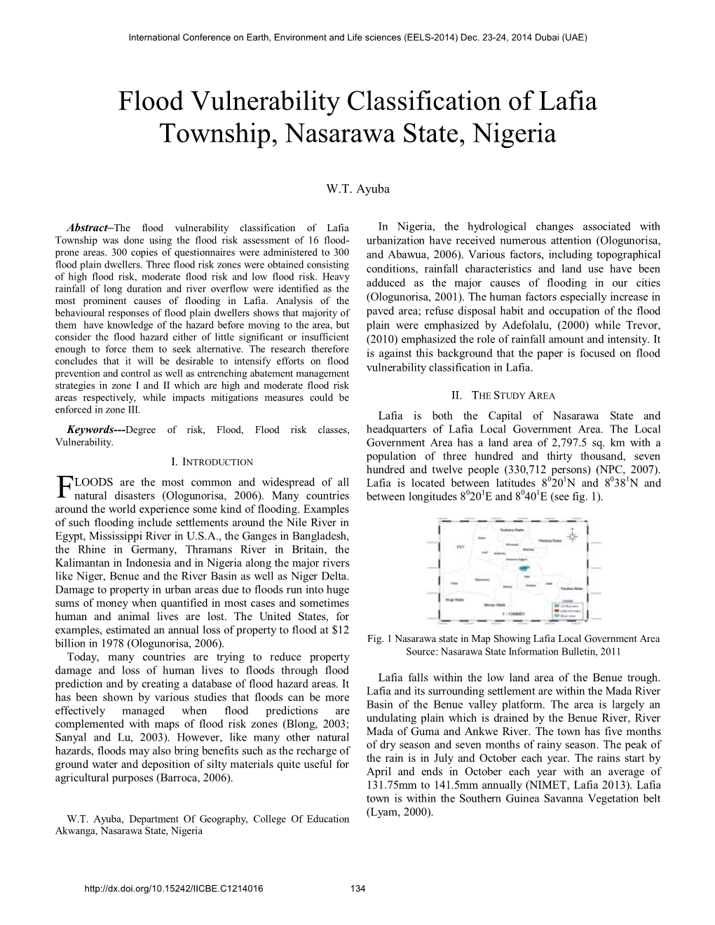 Flood Vulnerability Classification of Lafia Township, Nasarawa State, Nigeria