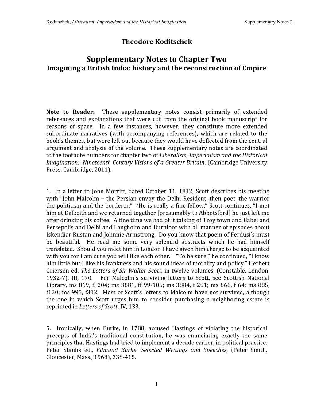 Supplementary Notes to Chapter Two Imagining a British India: History and the Reconstruction of Empire