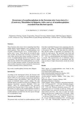 Occurrence of Acanthocephalans in the Eurasian Otter