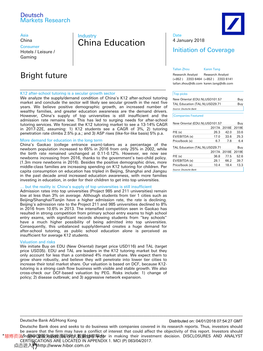 China Education Hotels / Leisure / Initiation of Coverage