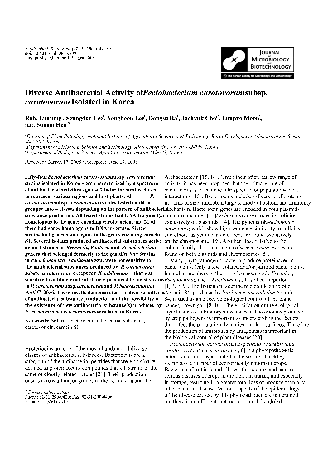 Diverse Antibacterial Activity of Pectobacterium Carotovorum Subsp. Carotovorum Isolated in Korea