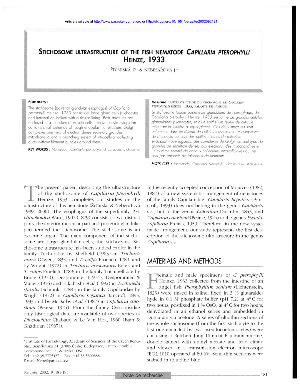 Stichosome Ultrastructure of the Fish Nematode Capillaria Pterophylli Heinze, 1933