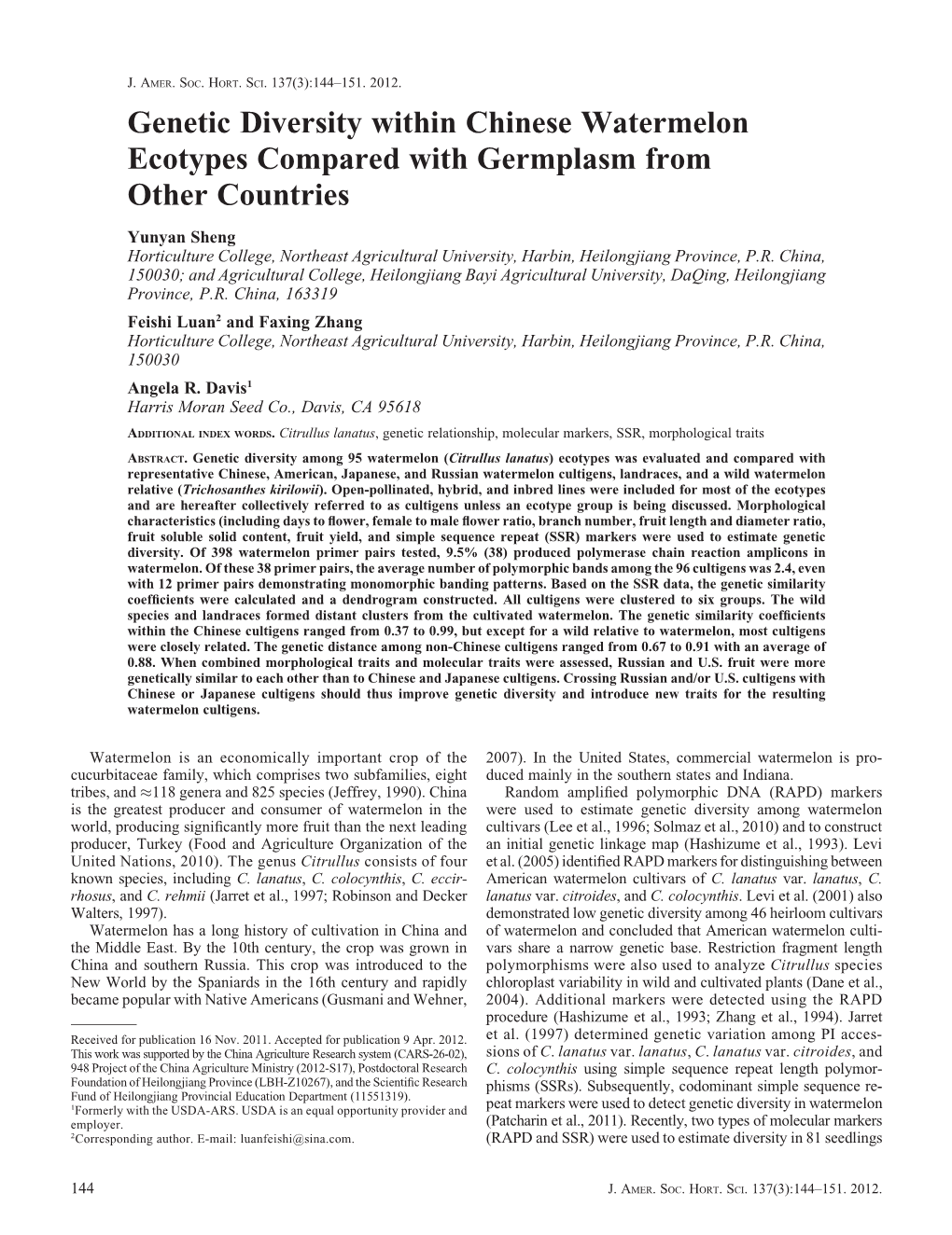 Genetic Diversity Within Chinese Watermelon Ecotypes Compared with Germplasm from Other Countries