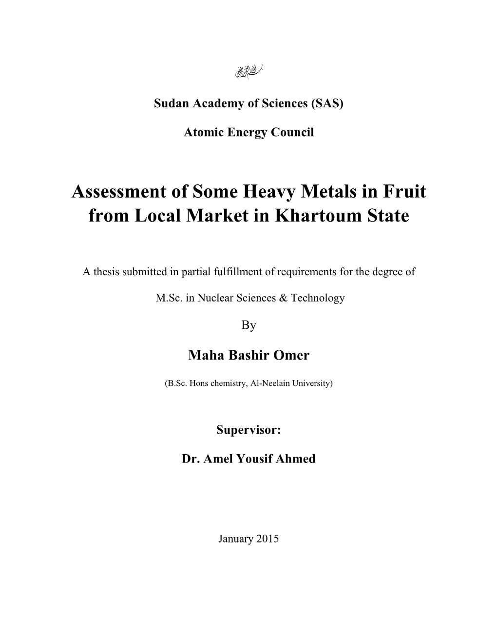 Assessment of Some Heavy Metals in Fruit from Local Market in Khartoum State