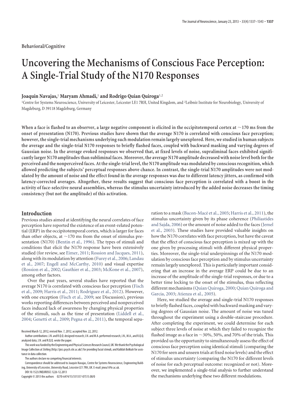 Uncovering the Mechanisms of Conscious Face Perception: a Single-Trial Study of the N170 Responses