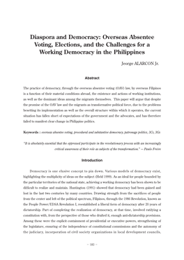 Overseas Absentee Voting, Elections, and the Challenges for a Working Democracy in the Philippines